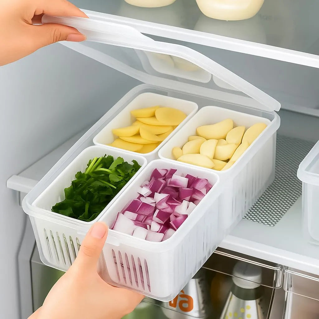 4-Grid Airtight Refrigerator Food Storage Containers with Drain Basket