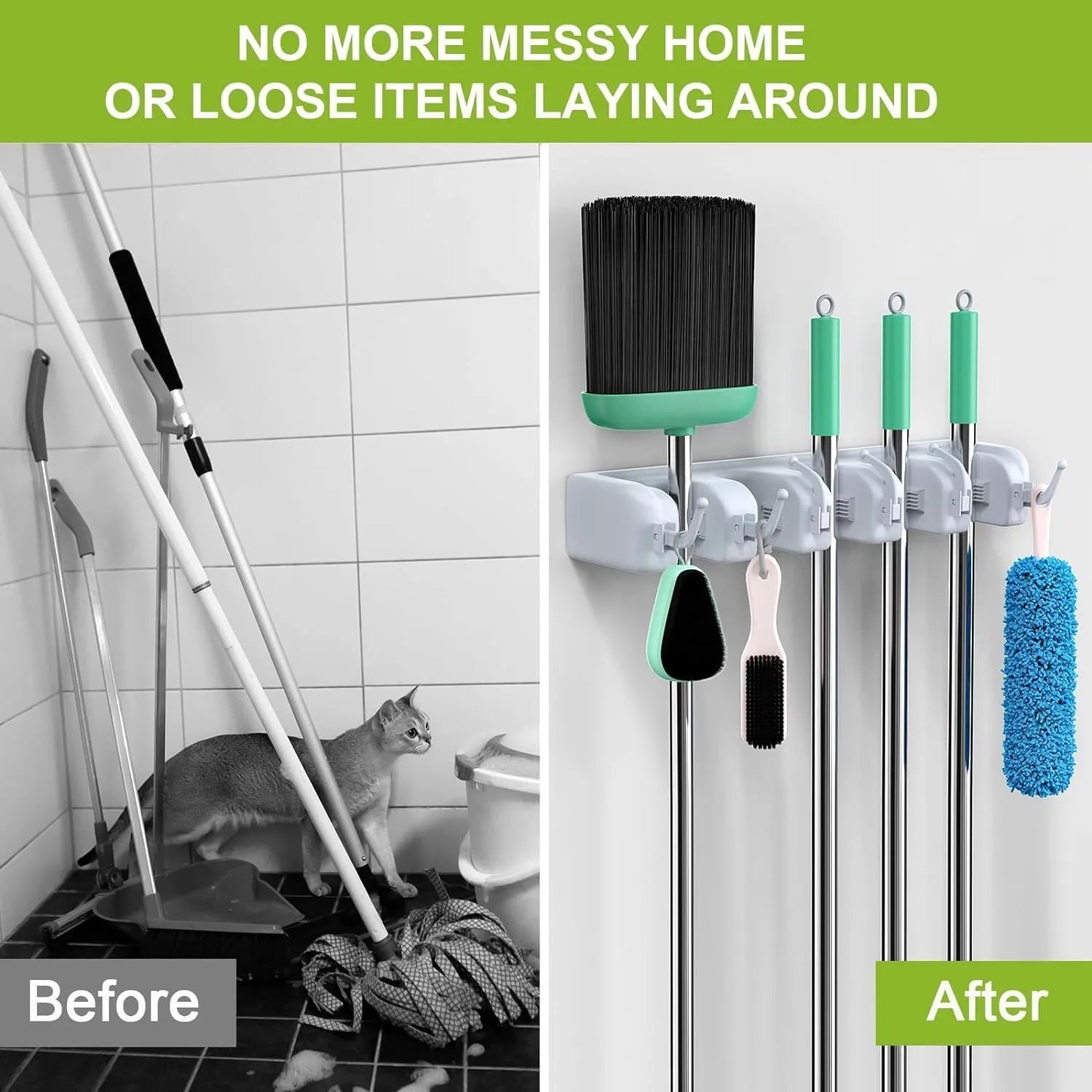 Wall Mounted Broom & Mop Holder Organizer