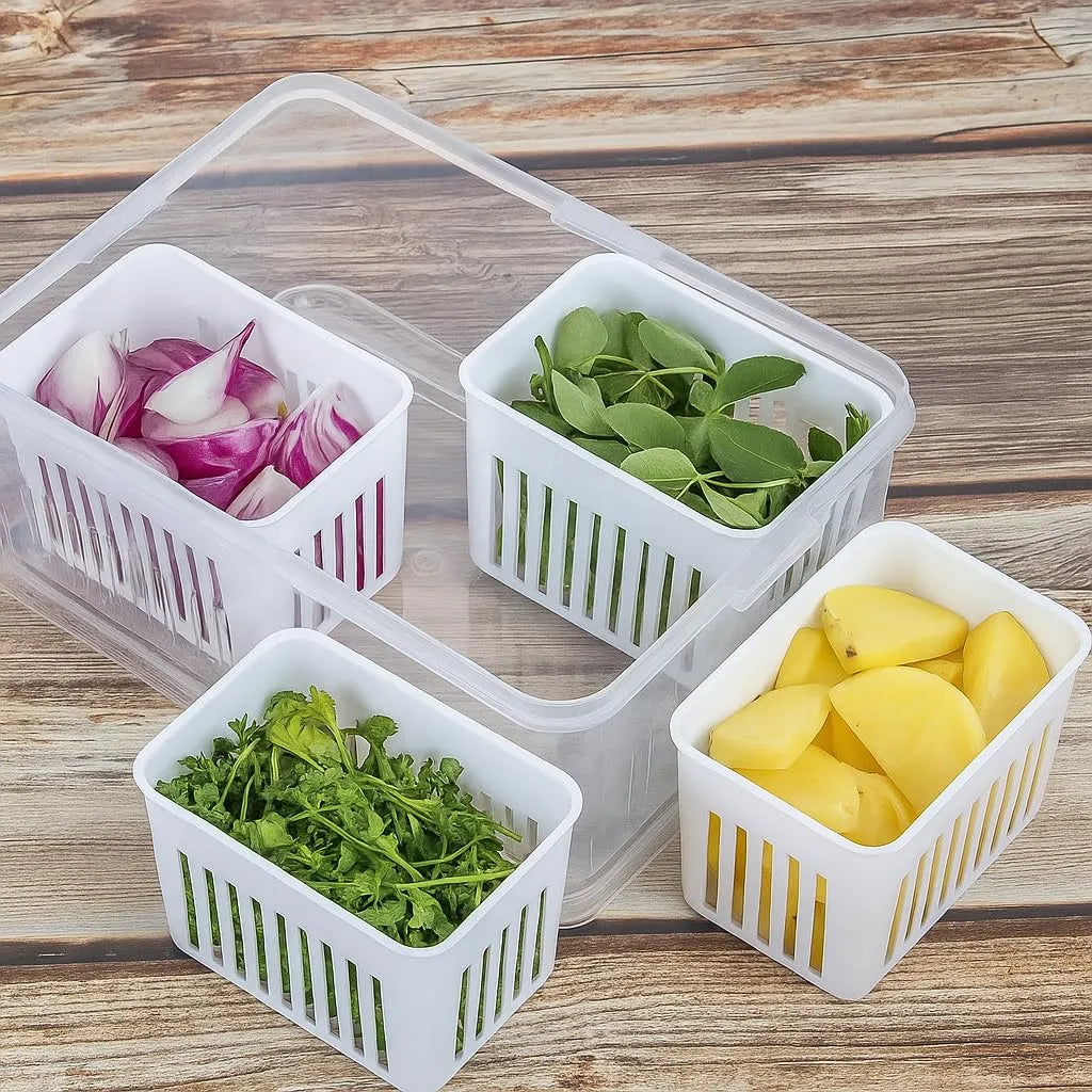 4-Grid Airtight Refrigerator Food Storage Containers with Drain Basket