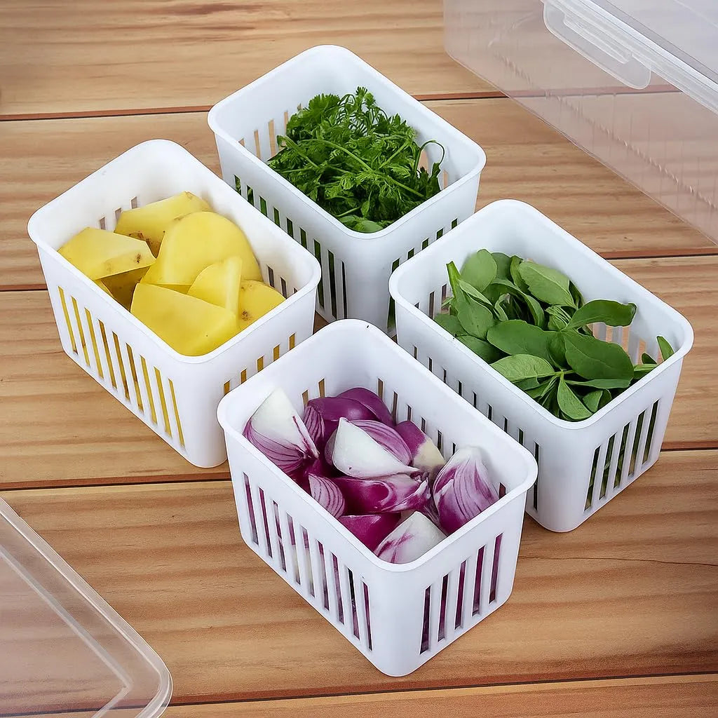 4-Grid Airtight Refrigerator Food Storage Containers with Drain Basket